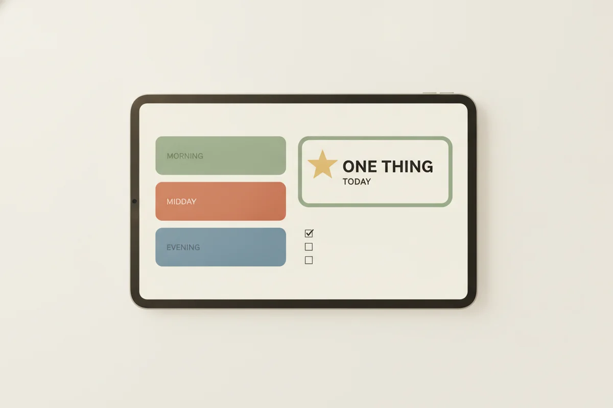 ADHD-friendly planner screen with one thing today and three short sections