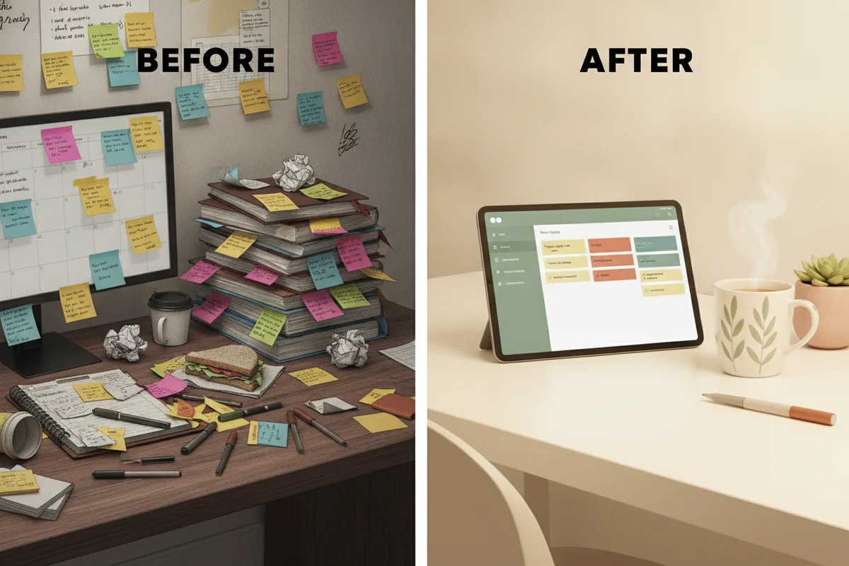 Messy desk covered in sticky notes next to a clean tablet planner after a brain dump