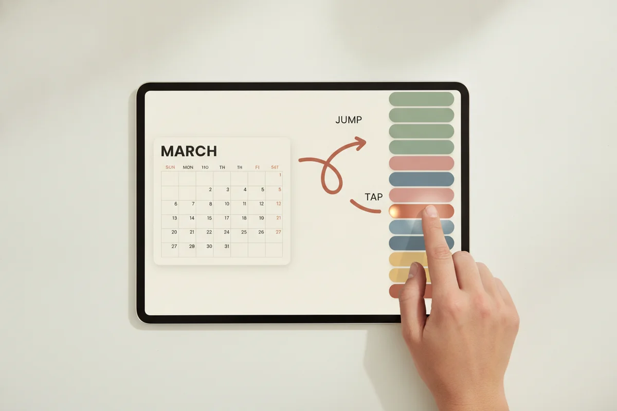 Tapping a month tab in a GoodNotes digital planner to jump straight to that month