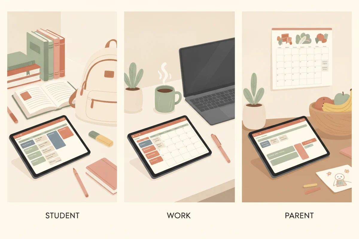 Three desks for a student, a worker and a parent, each with a planner on a tablet