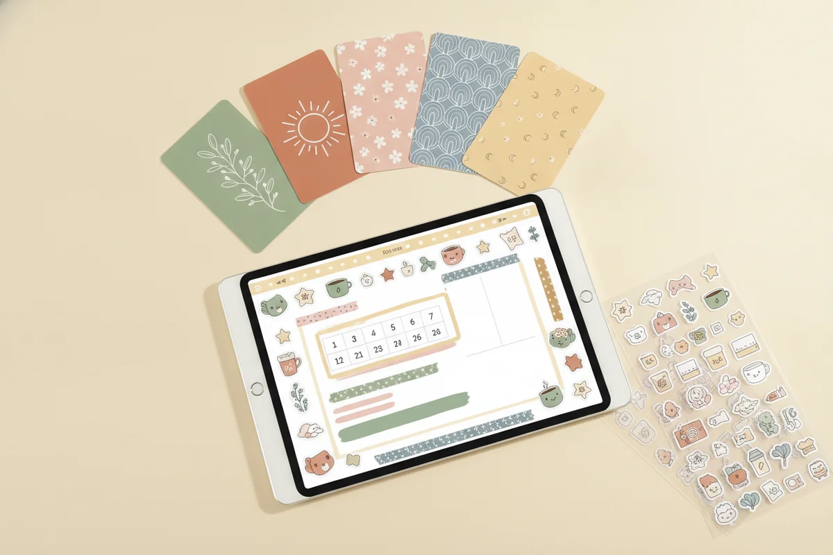 Digital planner covers fanned out above a tablet with stickers