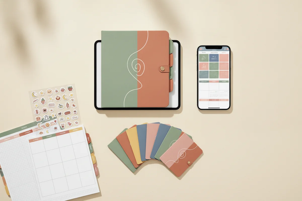 Digital planner on a tablet and phone with covers, stickers and planner pages