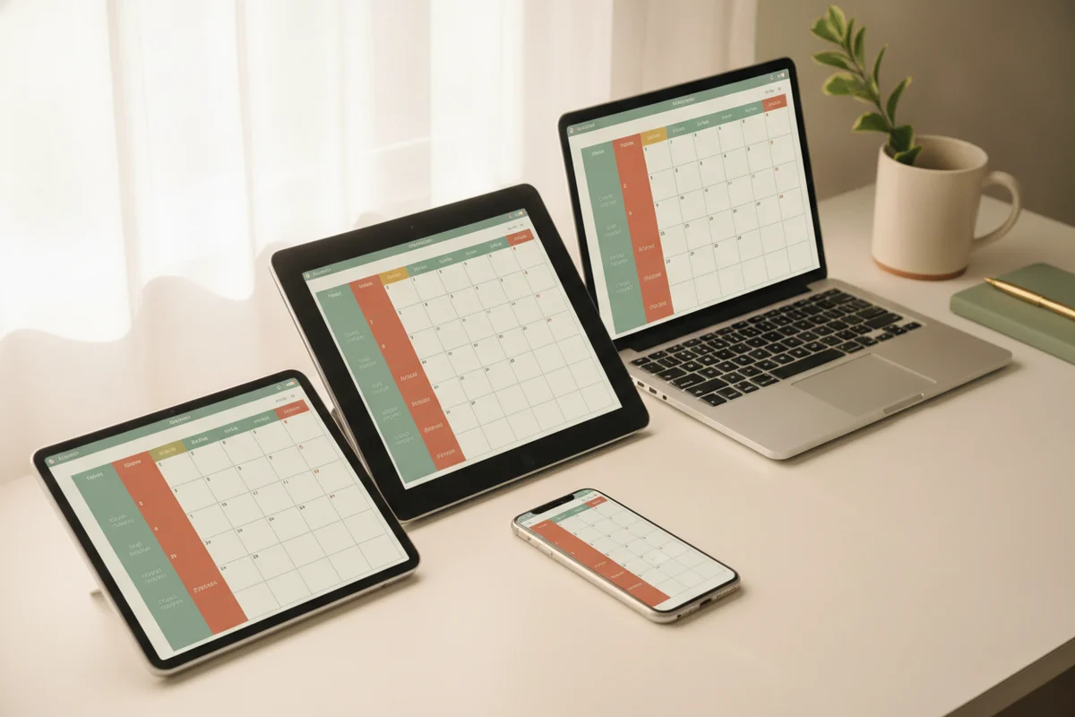 Digital planner open on an iPad, a tablet, a laptop and a phone