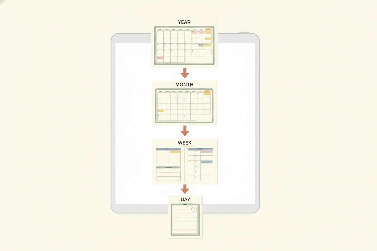Diagram of a digital planner for iPad linking year, month, week and day pages