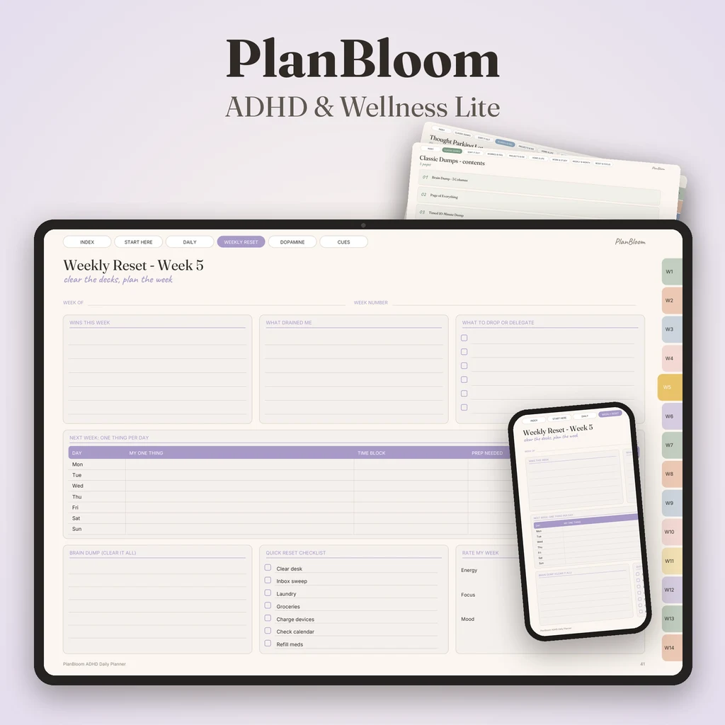 ADHD and wellness digital planner Lite with a weekly reset page