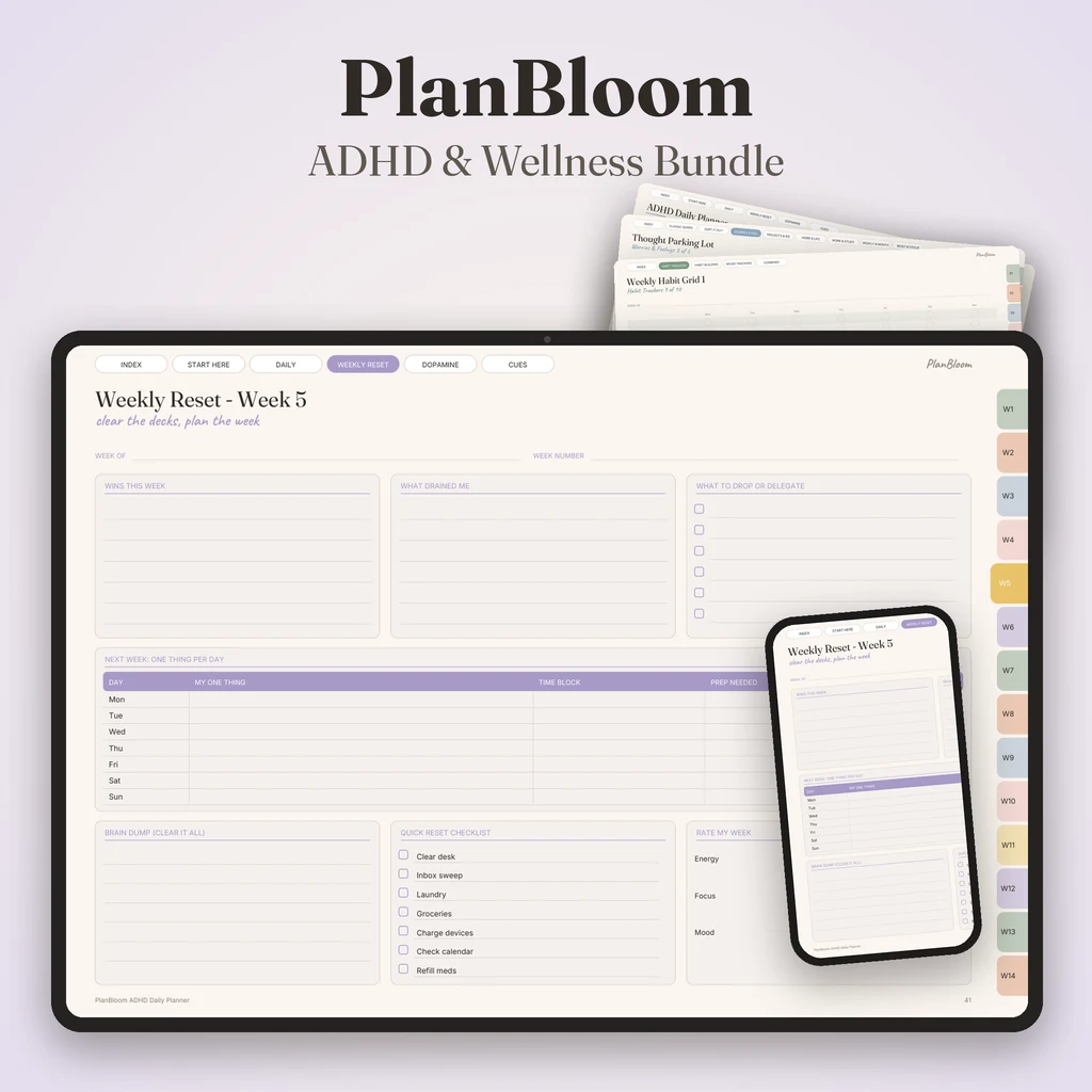 ADHD and wellness digital planner with a weekly reset page on a tablet