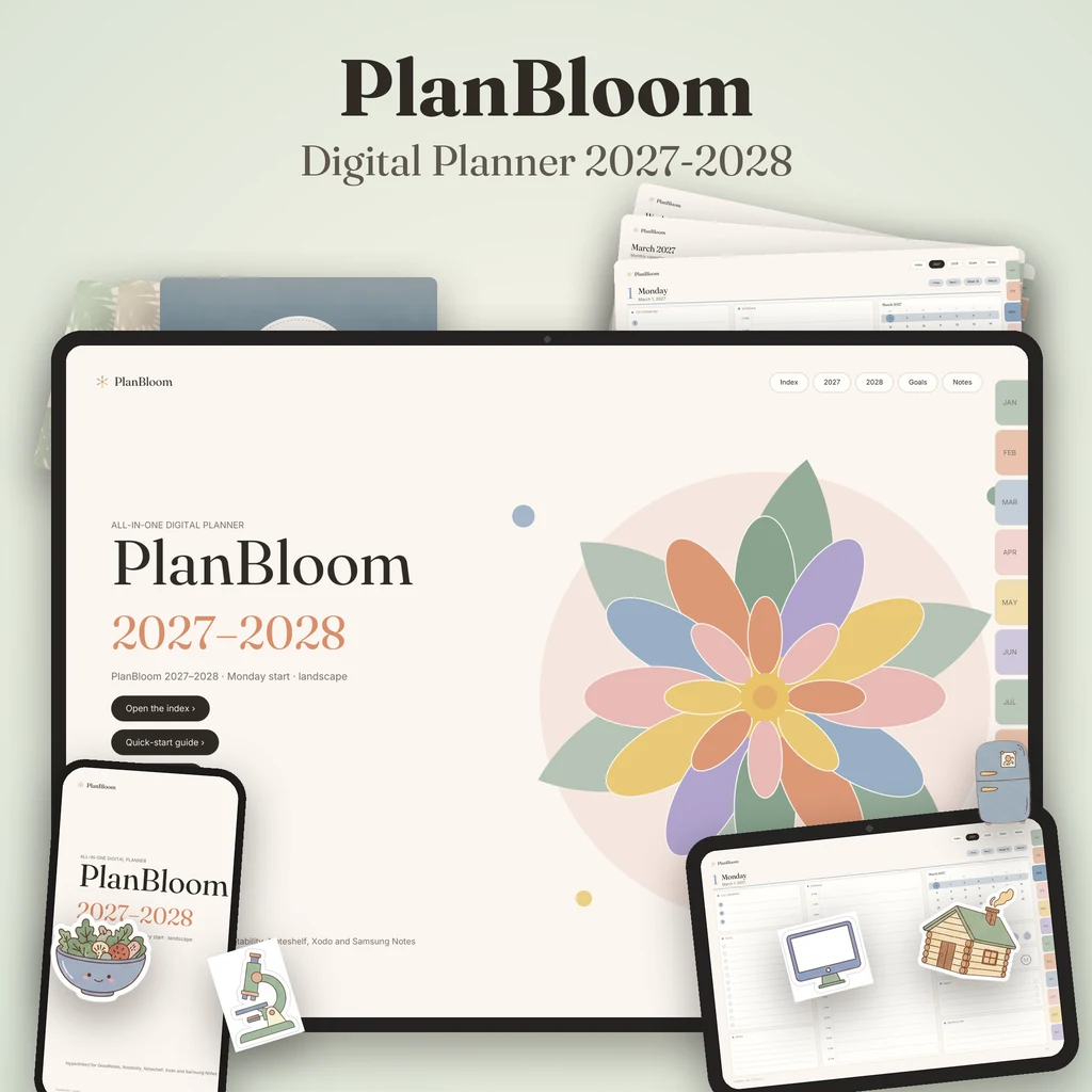 PlanBloom 2027-2028 digital planner on a tablet, with year and week pages