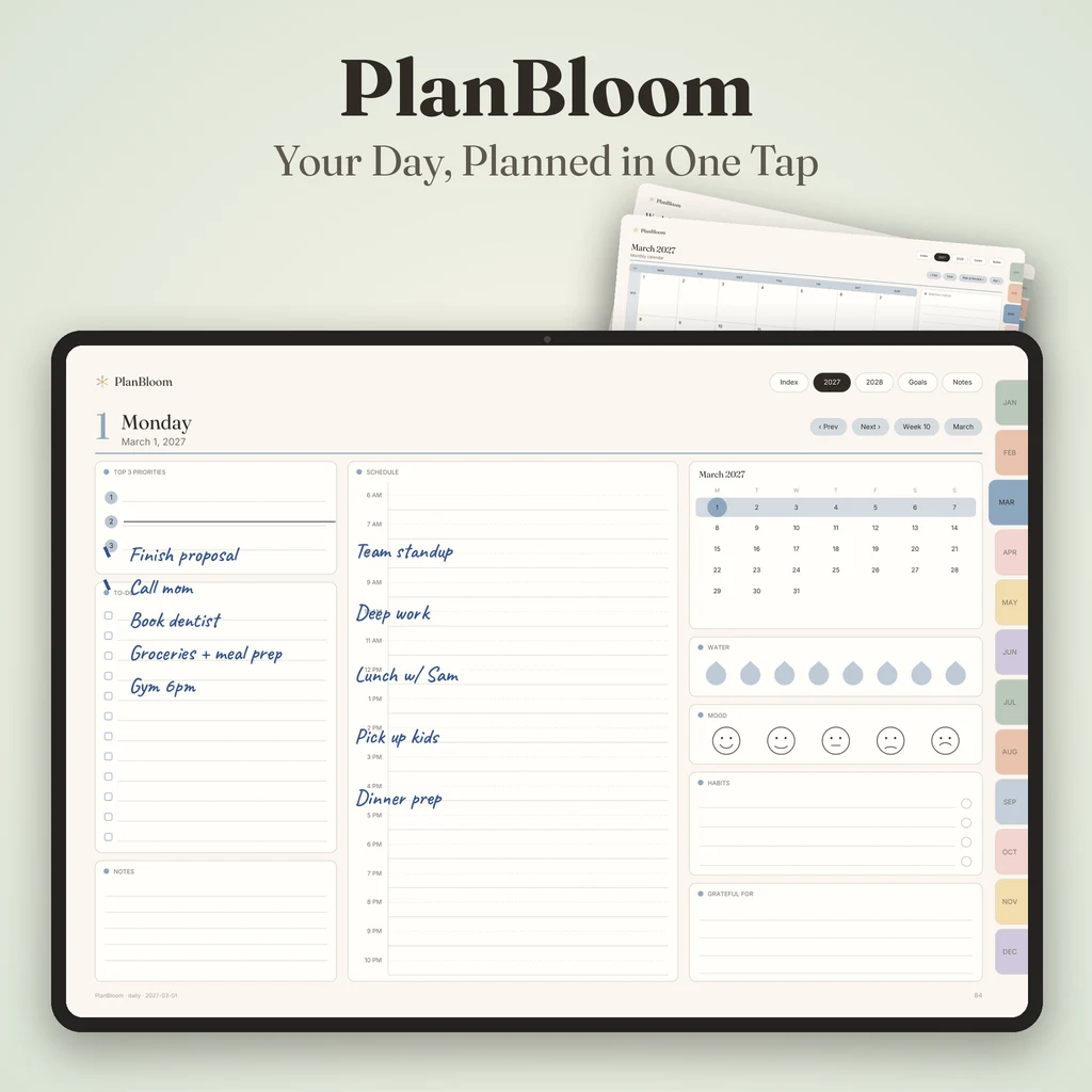 Digital planner day page on a tablet, usable in Samsung Notes and other apps