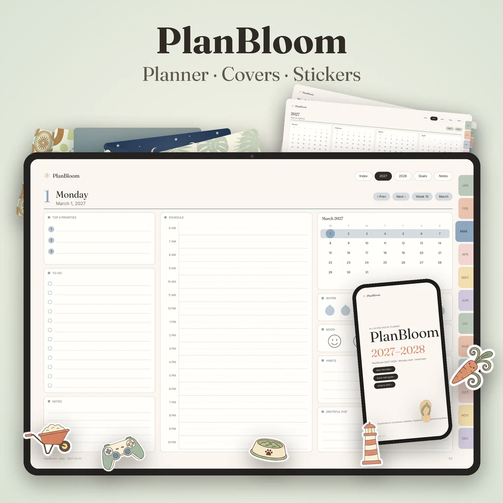 GoodNotes digital planner with covers and stickers on a tablet