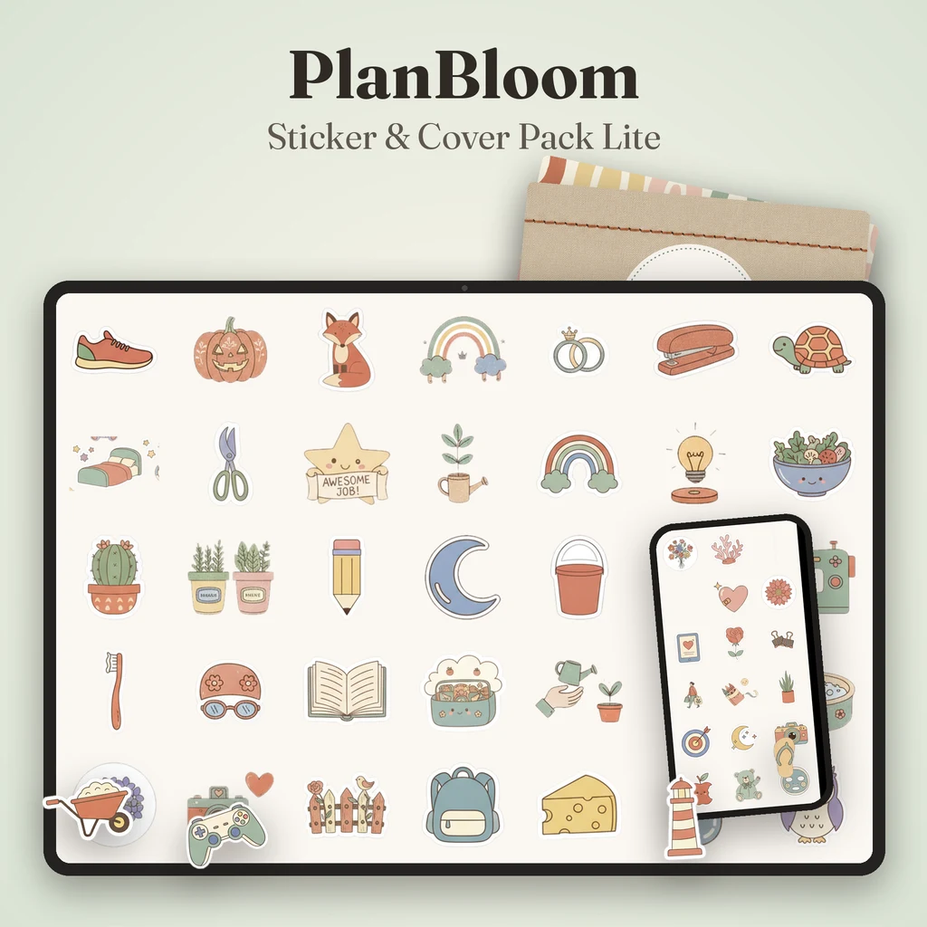 GoodNotes digital stickers and covers Lite pack on a tablet