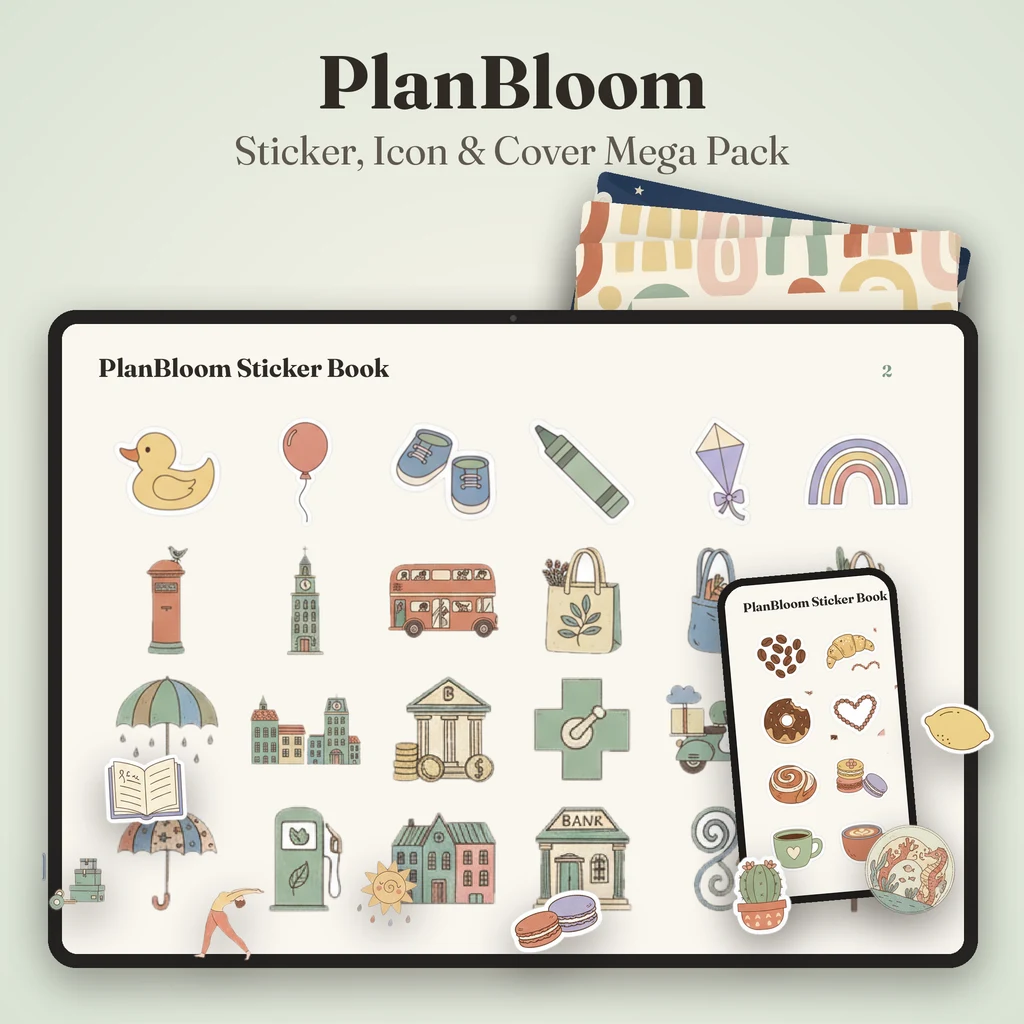 Sticker, icon and cover mega pack for GoodNotes shown on a tablet