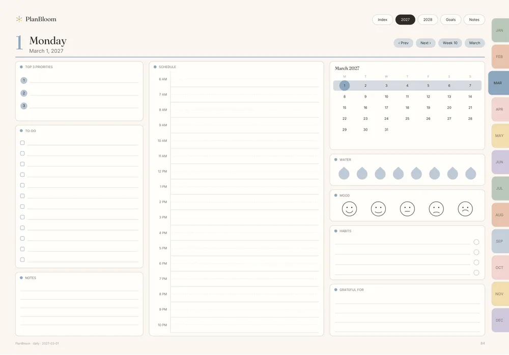 Daily page of an iPad digital planner with a to-do list, time blocks and mood tracker