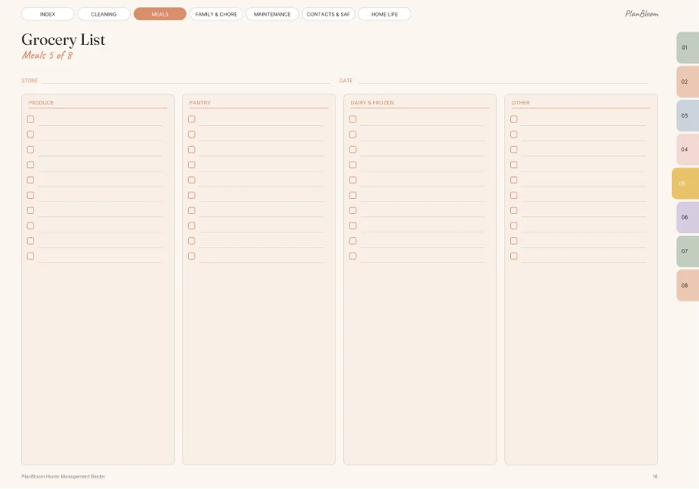 Grocery list page from a digital home management binder