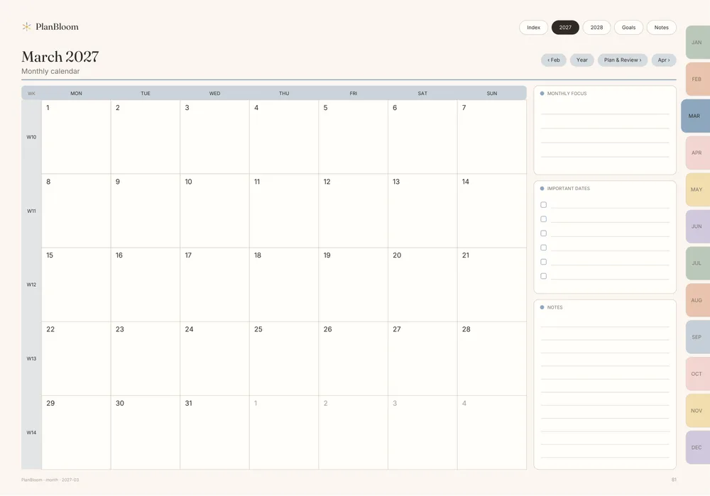 Monthly page of a digital planner showing a March calendar and side notes