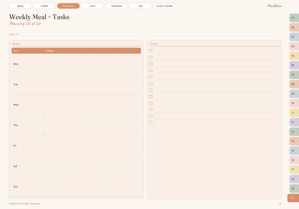 Weekly meal and tasks template page linked inside a GoodNotes planner