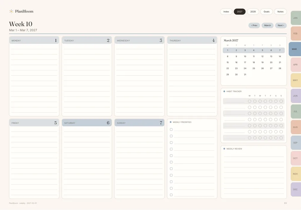Weekly spread of a GoodNotes digital planner with day columns and a mini calendar