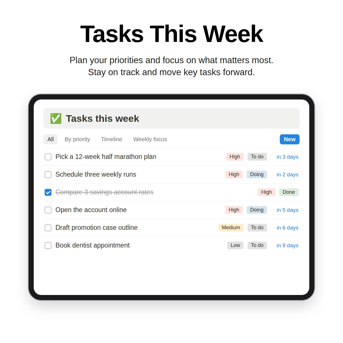 Tasks This Week section on a Notion dashboard with priority tags