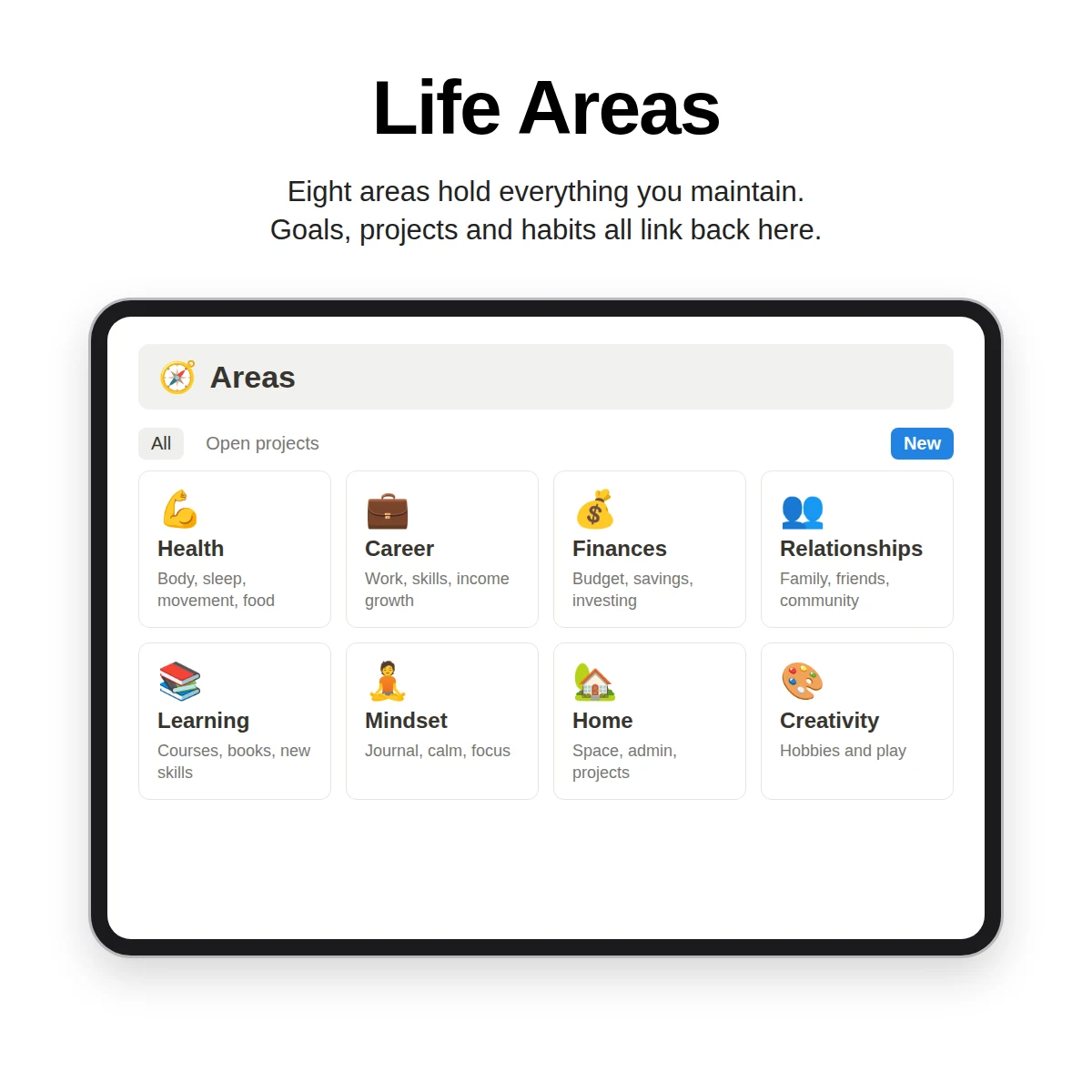 Life Areas page in Notion with eight areas such as health, career and finances