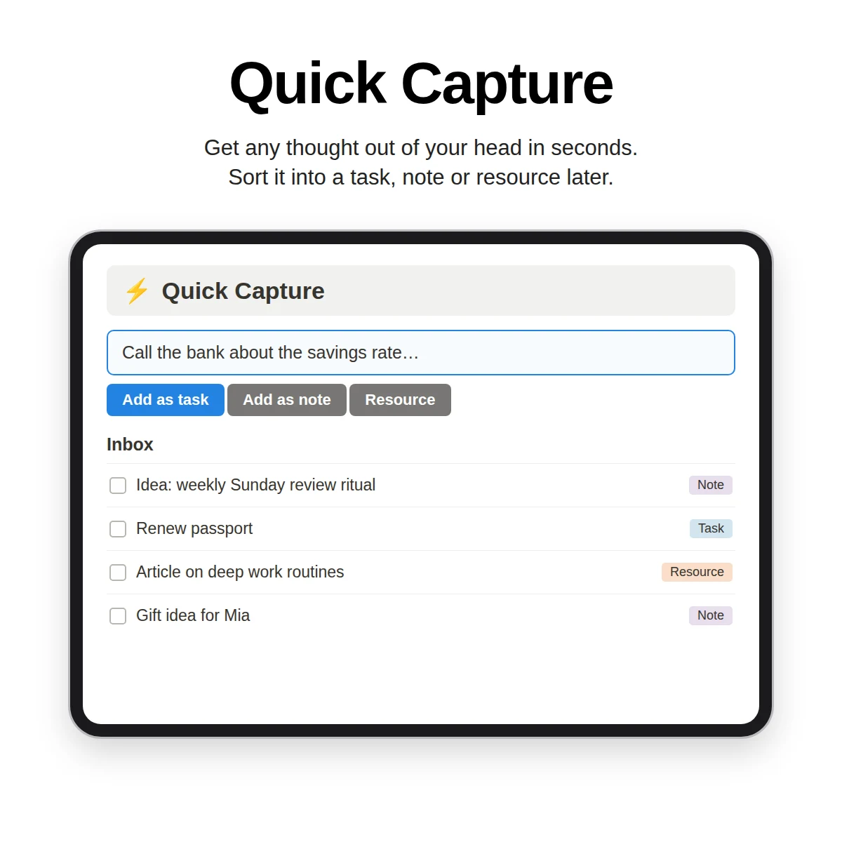 Quick Capture page in a Notion second brain