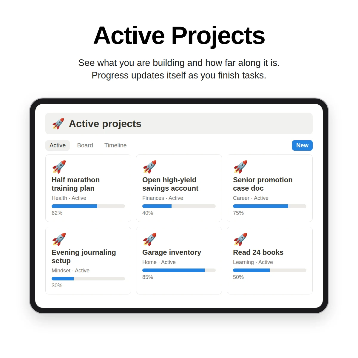 Active Projects page in Notion showing projects with progress