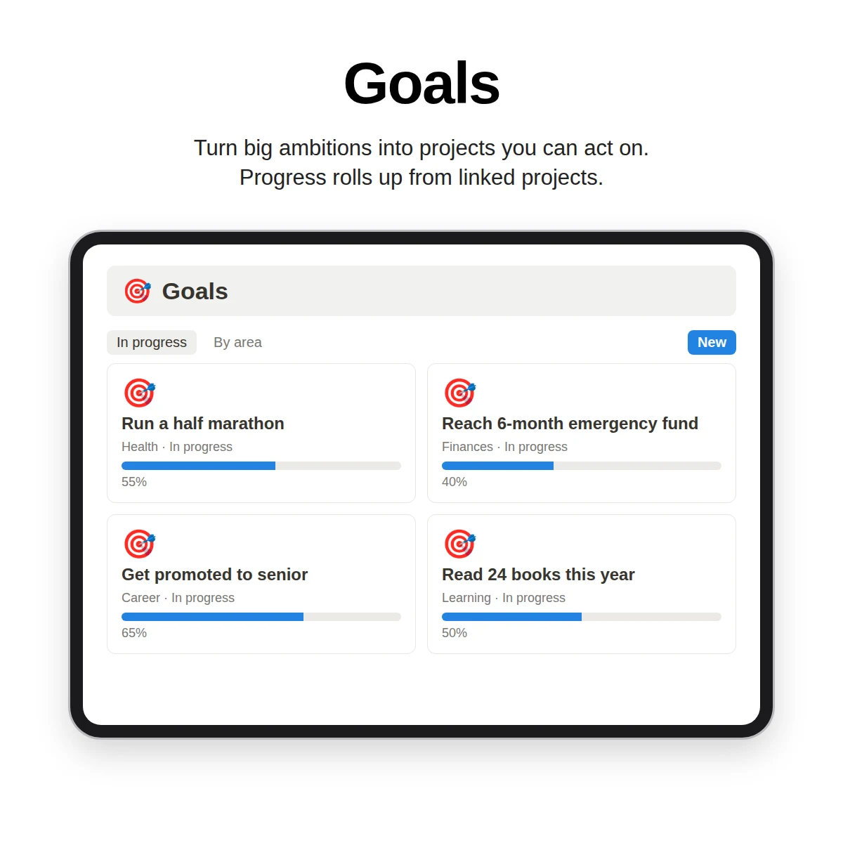 Goals page in Notion with progress for an emergency fund and a savings target