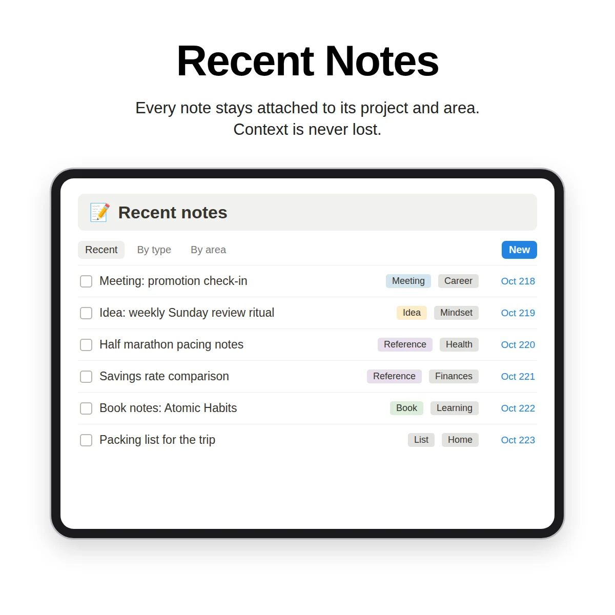 Recent Notes page in Notion with notes linked to projects and areas