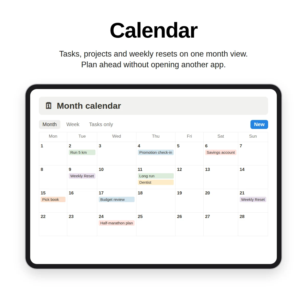 Notion month calendar showing tasks, projects and weekly resets