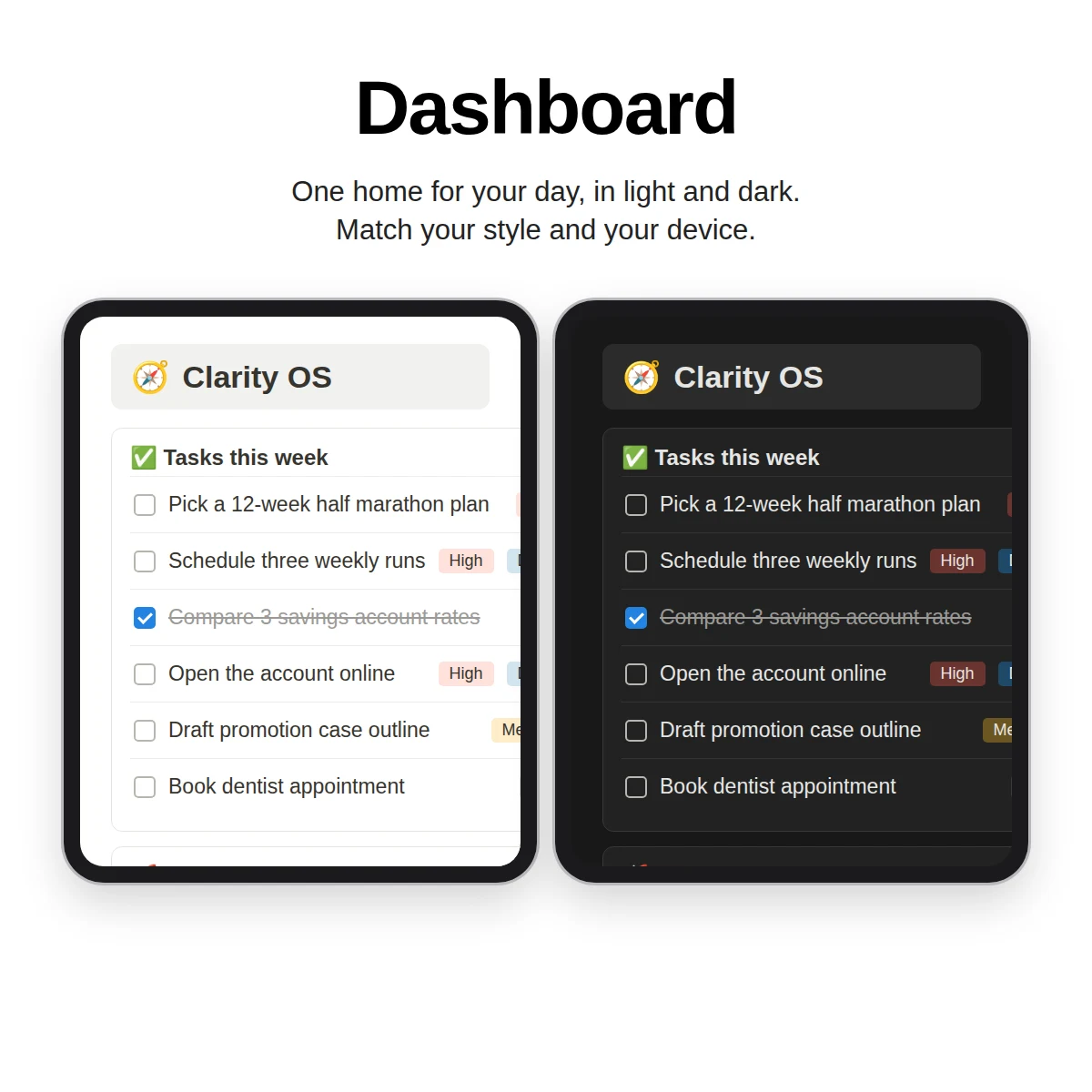 Notion dashboard in light and dark mode with tasks and projects
