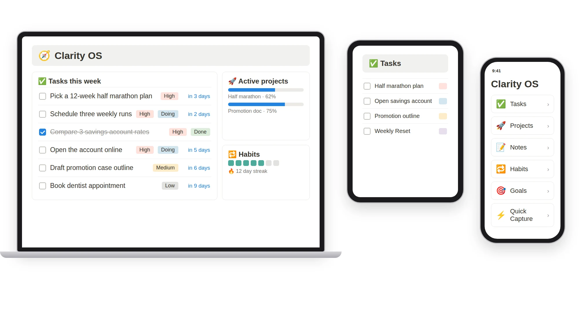 Clarity OS Notion planner on a laptop, tablet and phone