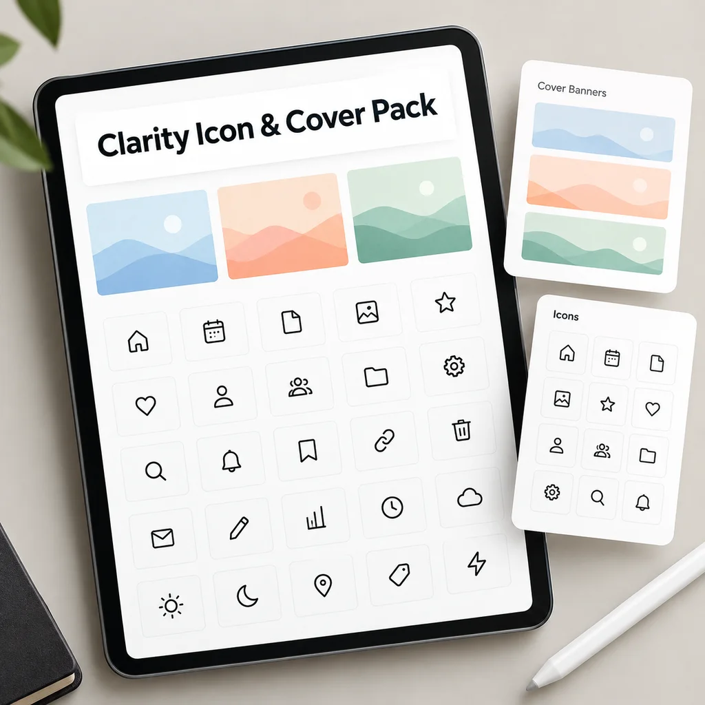 Notion icon and cover pack shown on a tablet