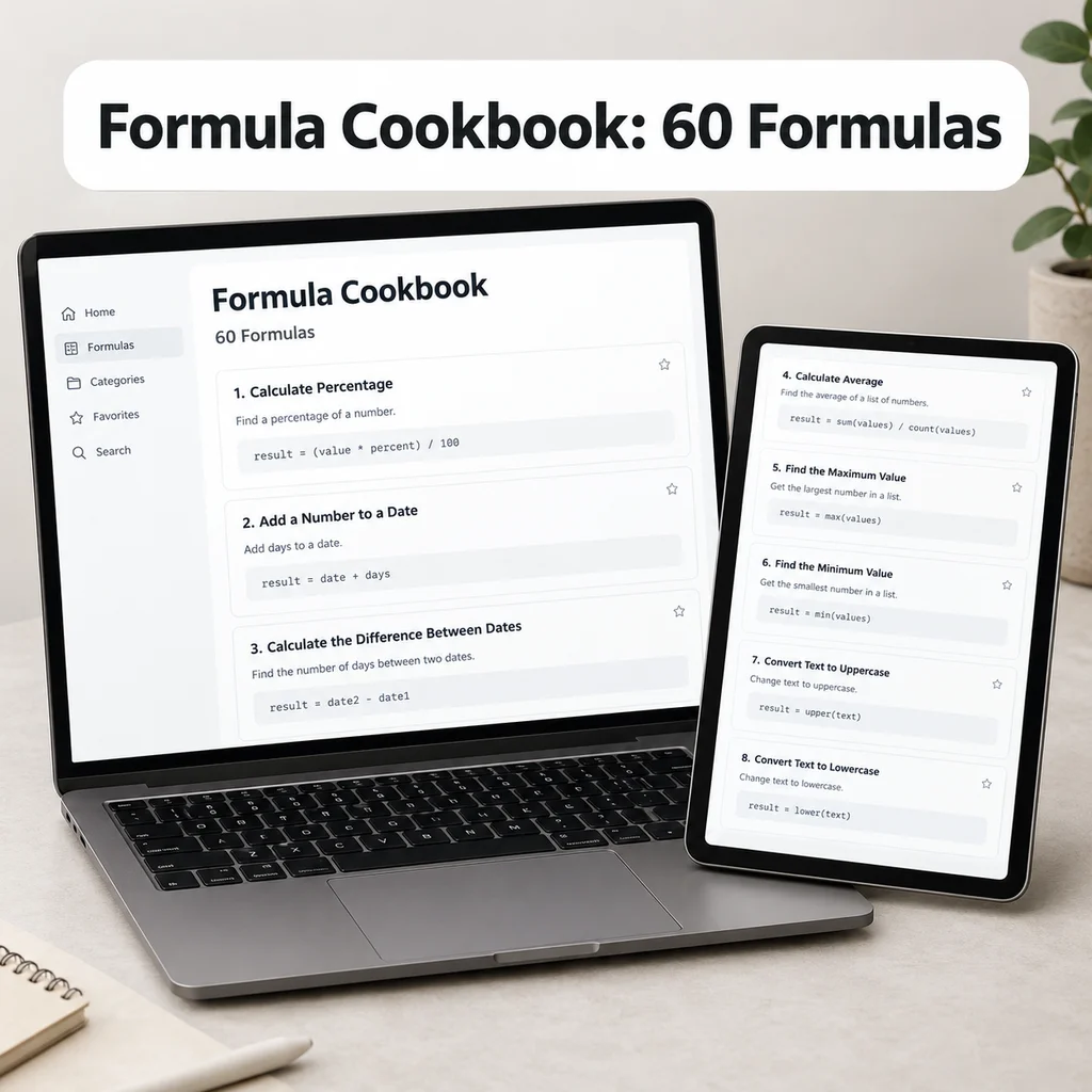 Notion Formula Cookbook with 60 formulas open on a laptop