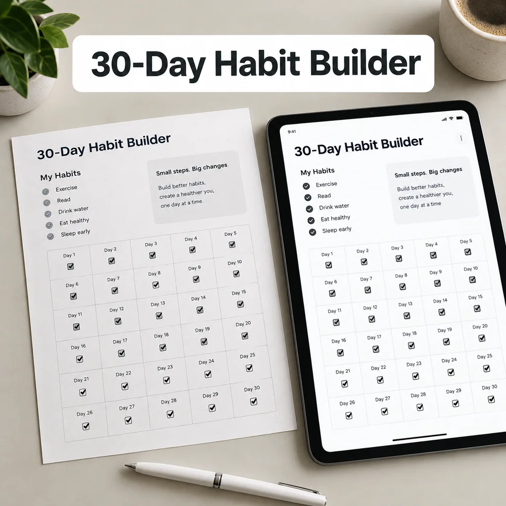 30-day habit builder challenge shown on a tablet