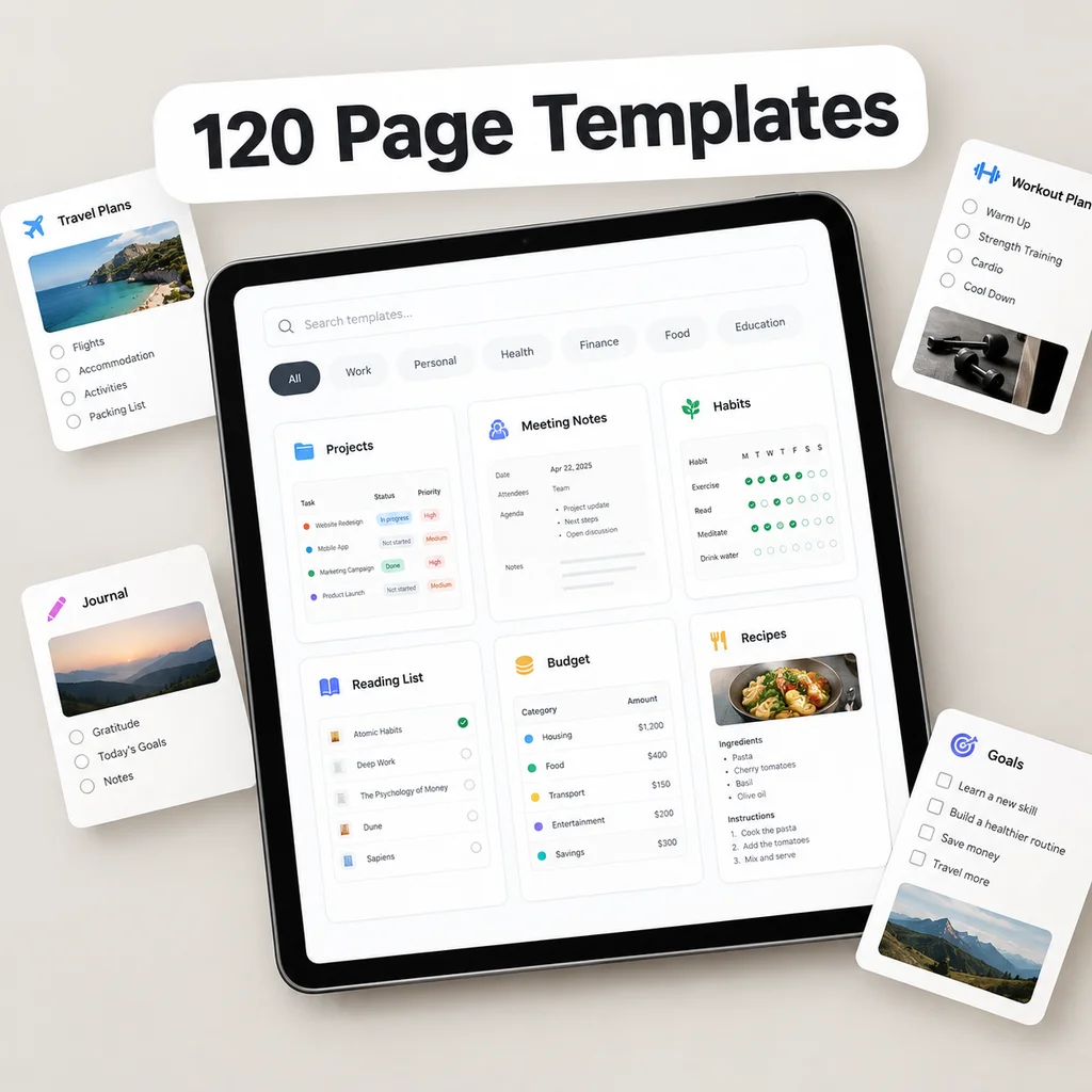 Library of 120 Notion page templates shown on a tablet and laptop