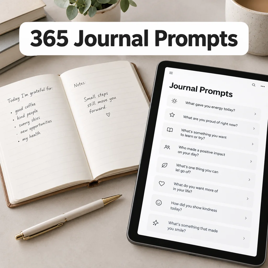 A paper journal and a tablet showing a list of journal prompts