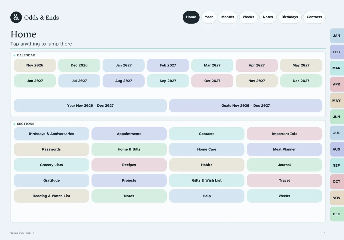 Home page of the Odds & Ends planner with navigation tabs along the top