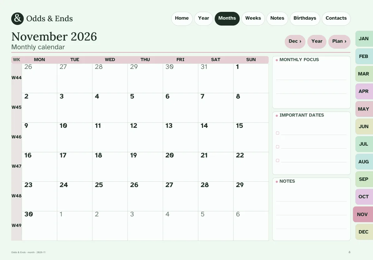 Large Print monthly page of the Odds & Ends Digital Planner on a tablet