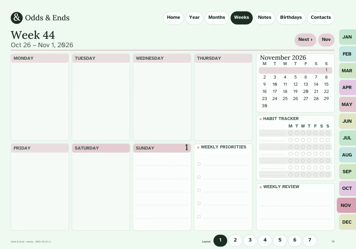 Large Print weekly page of the Odds & Ends planner on a tablet