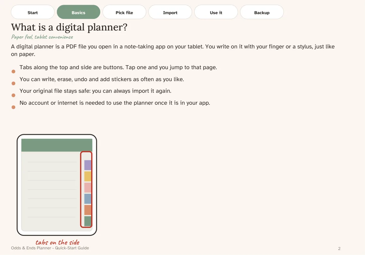 Quick-Start Guide page for importing the planner into tablet apps