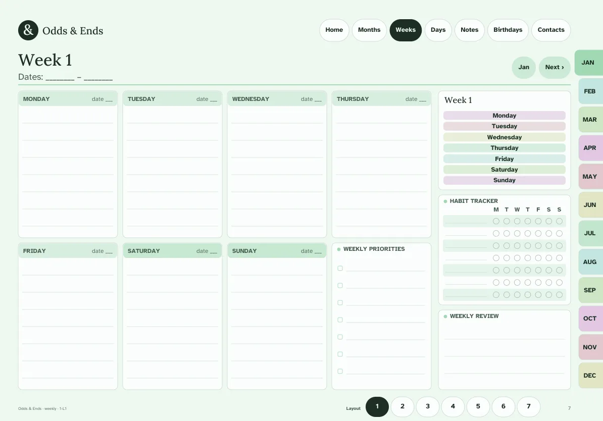 Undated weekly page of the Odds & Ends planner ready for your own dates