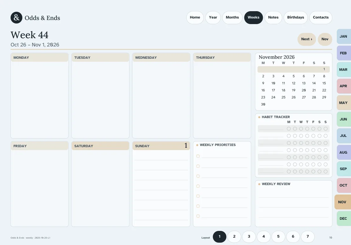 Weekly page of the Odds & Ends Digital Planner in landscape